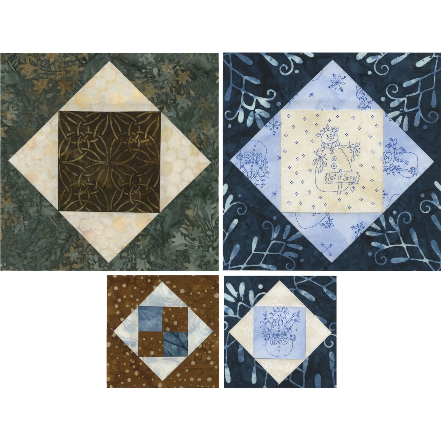 Four quilt blocks with different patterns on a white background Creative Grids Square on Square Trim Tool 4in or 8in Finished Blocks Quilt Ruler # CGRJAW8 - Carmon's Quilt Shop