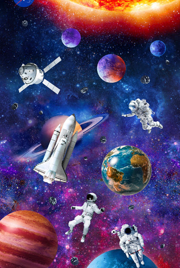 Space-themed artwork with planets, astronauts, and a space shuttle on a colorful background.