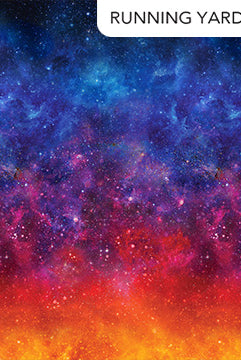Colorful galaxy-themed fabric with 'Running Yardage' label
