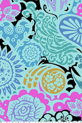 Colorful pattern with flowers and abstract shapes on a black background Euphoria, Sea Backings No.3 Sea Blue Cotton Fabric 108" BAMT161-83 Anna Maria Textiles.Fabric - Carmon's Quilt Shop