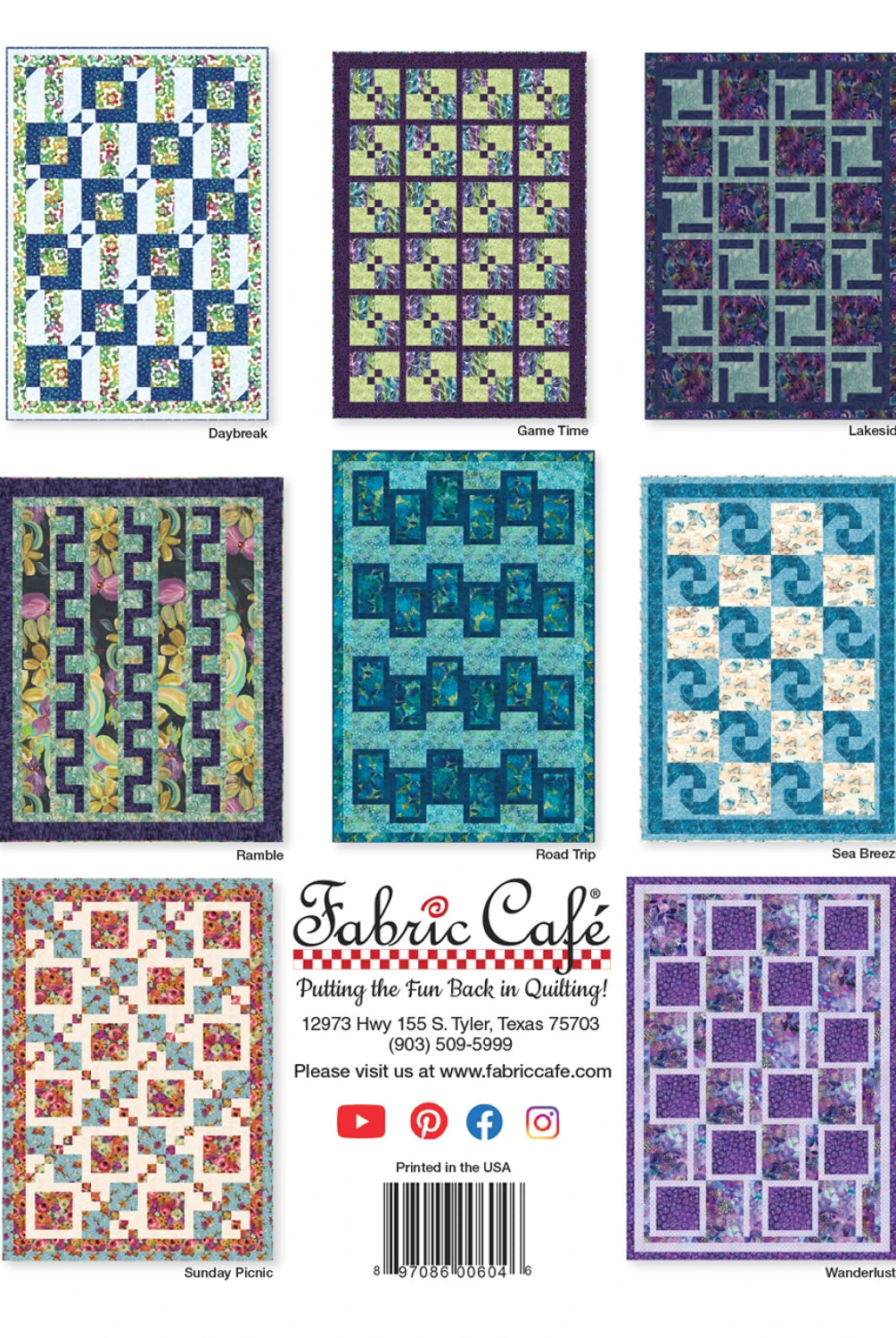 Collection of quilt patterns with 'Fabric Cafe' branding on a white background
