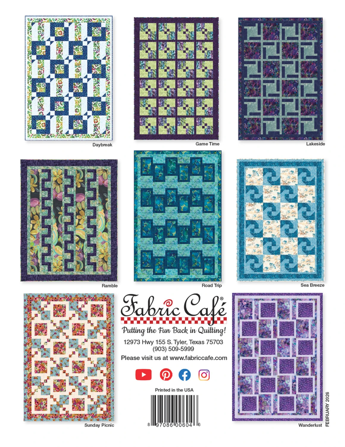 Collection of quilt patterns with 'Fabric Cafe' branding on a white background