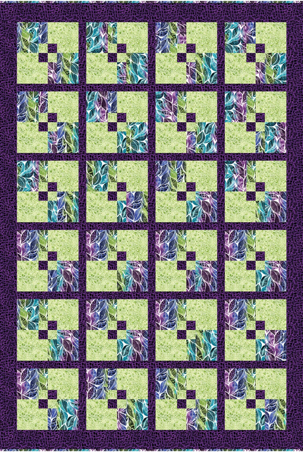 Quilt with a geometric pattern featuring green, purple, and blue squares.