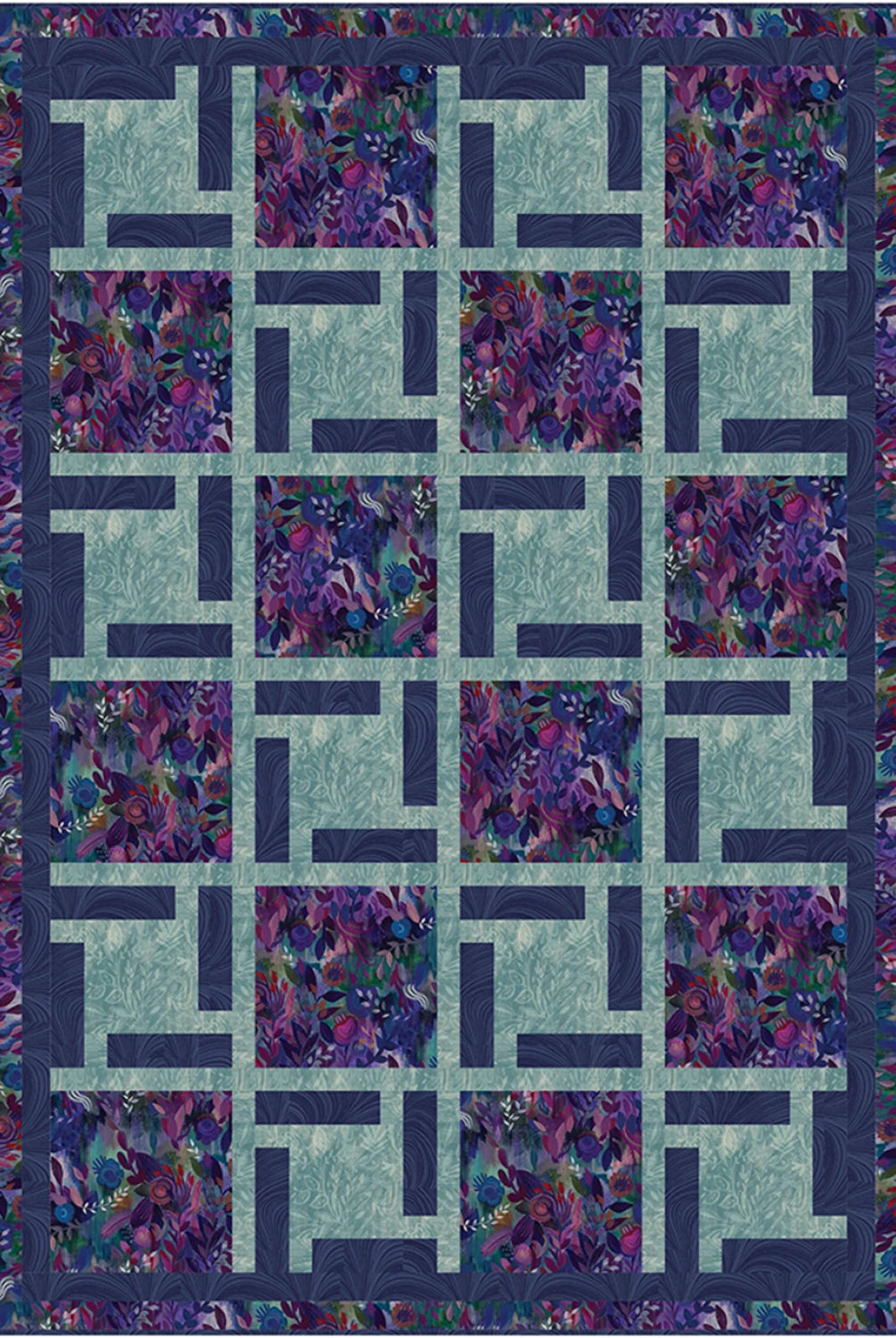 Quilt with geometric pattern in blue and purple tones
