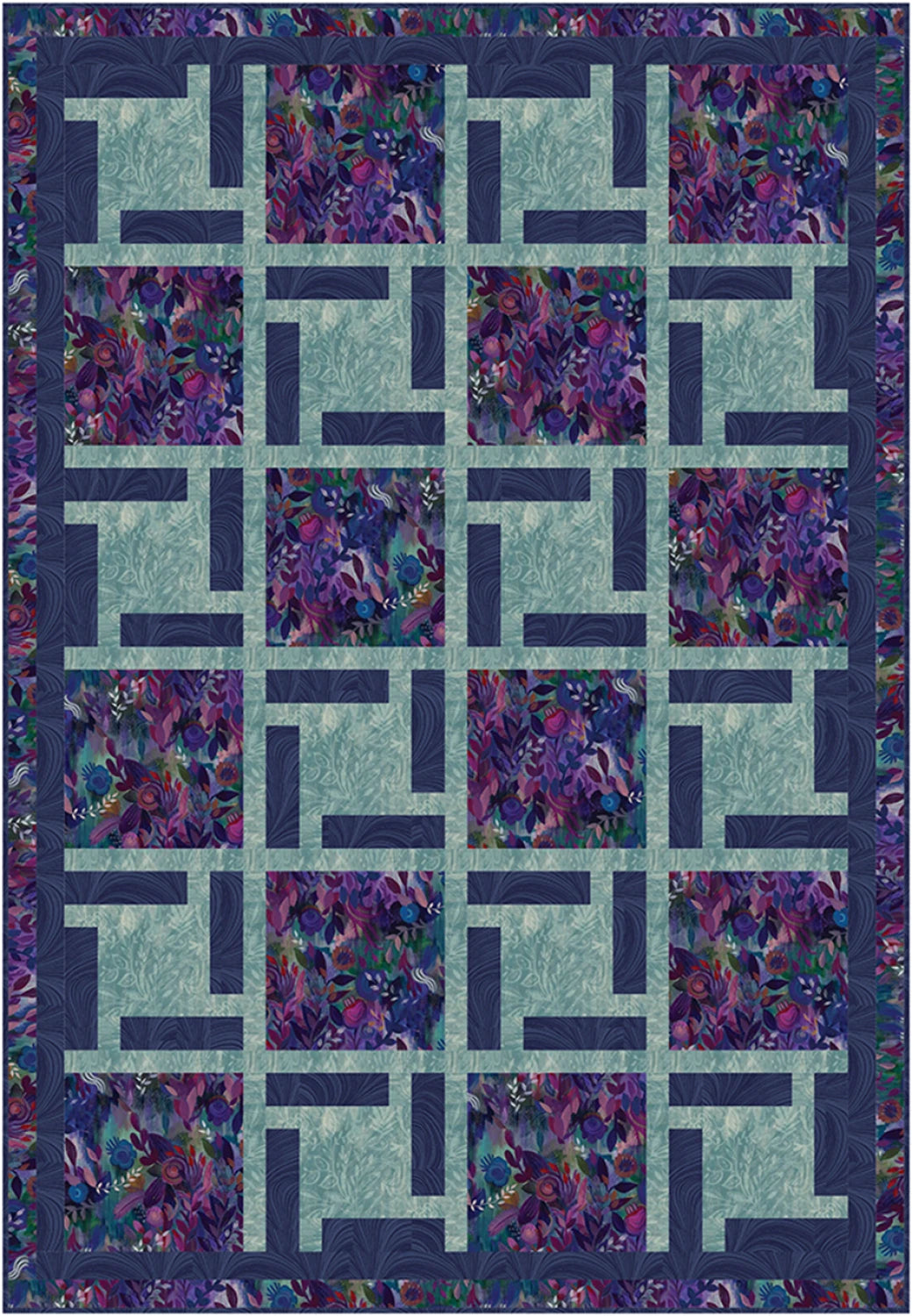Quilt with geometric pattern in blue and purple tones