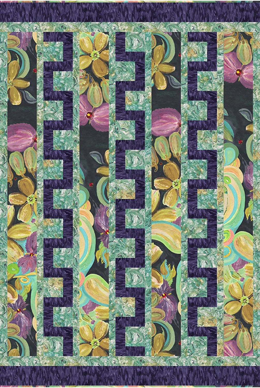Floral quilt with geometric pattern on a dark background