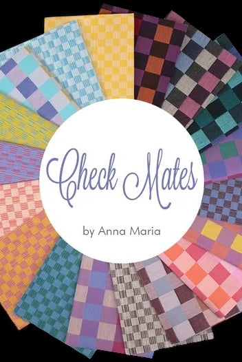 Circular arrangement of checkered fabric swatches with 'Check Mates by Anna Maria' branding. Check Mates Gameboard Fabric Fat Quarter Bundle by Anna Maria Parry FQCHECK18-10