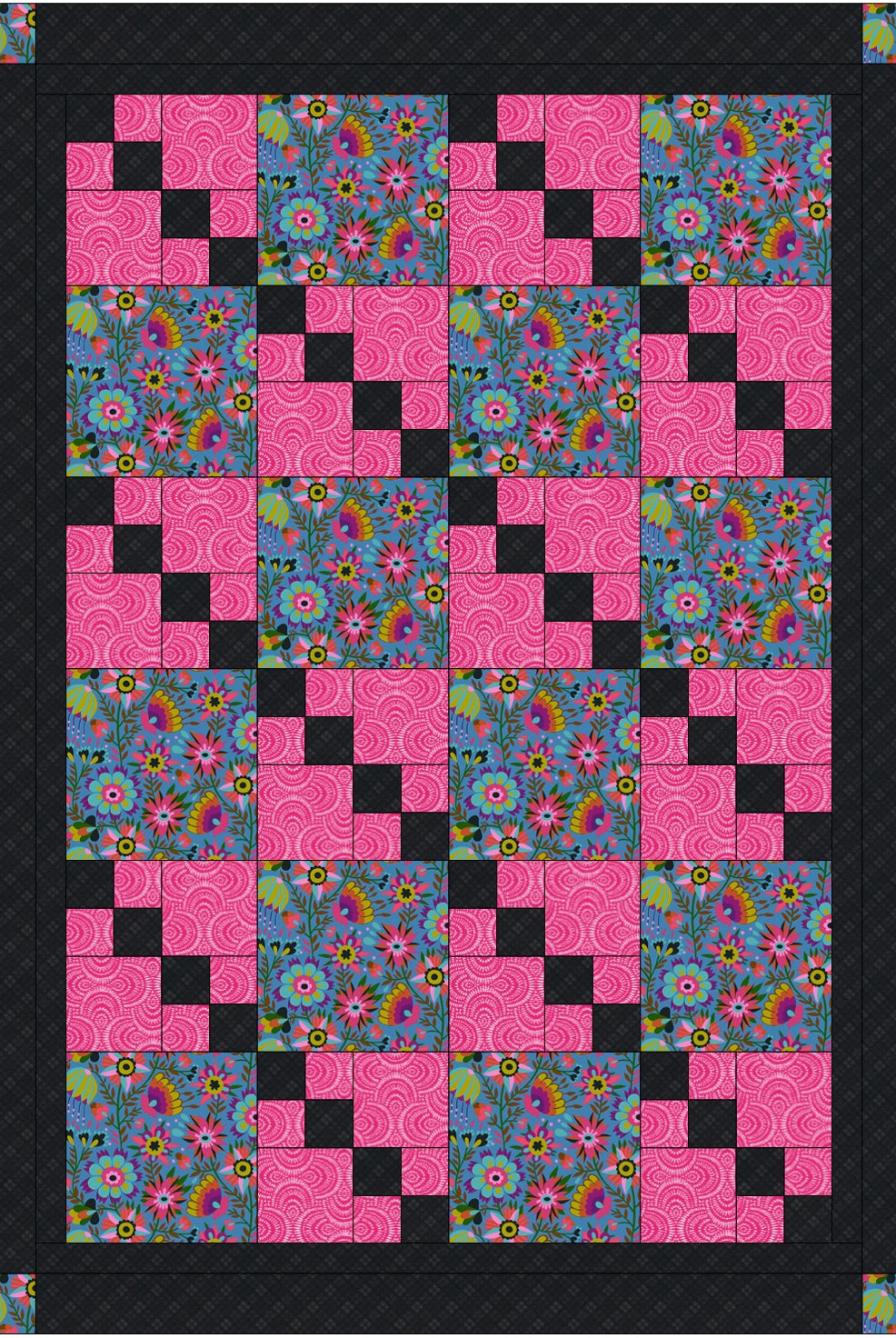 Quilt with pixelated design featuring pink and multicolored blocks on a black background