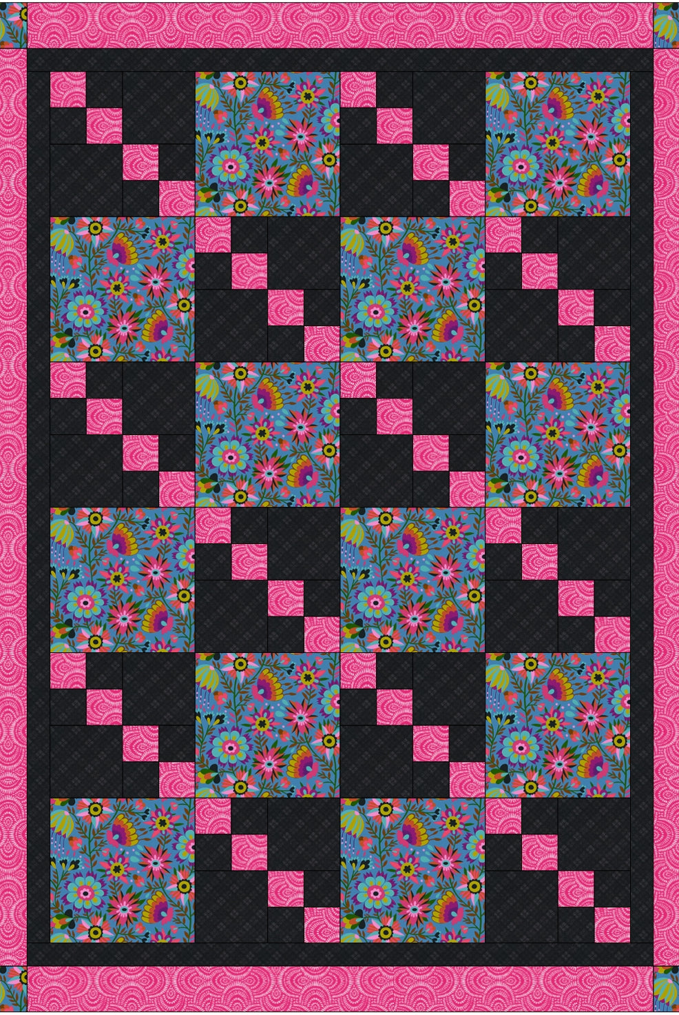 Quilt with floral patterns and pink borders on a black background