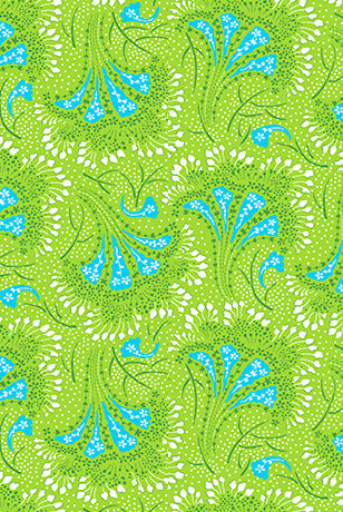 Pattern of blue flowers on a green background Floral Flirtation Fan Floral Lime - 31052-H - QT Fabrics - Carmon's Quilt Shop