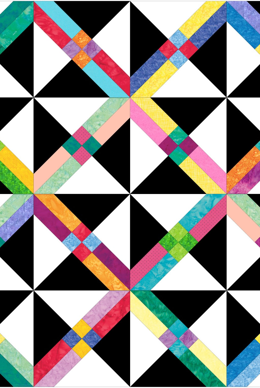 Colorful geometric quilt pattern with black, white, and multicolored triangles. Granny’s Secret Quilt Pattern Designed by Glenda Wilder Designs - Carmon's Quilt Shop