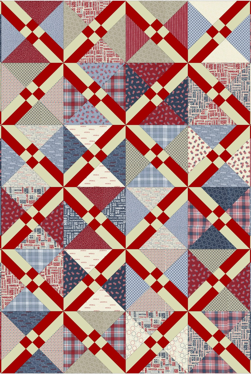 Quilt with red, blue, and beige geometric patterns. Granny’s Secret Quilt Pattern Designed by Glenda Wilder Designs - Carmon's Quilt Shop