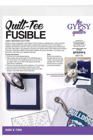 Quilt-Tee Fusible packaging with iron, fabric, and ruler on a white background Gypsy Quilter T-Shirt Fusible Interfacing - 60in x 72in - Carmon's Quilt Shop