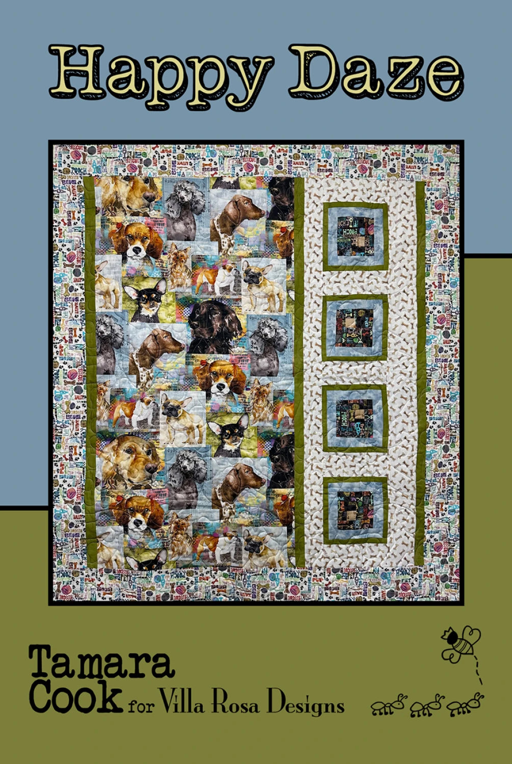 Quilt with dog collage pattern on a blue and green background, featuring 'Happy Daze' by Tamara Cook for Villa Rosa Designs.