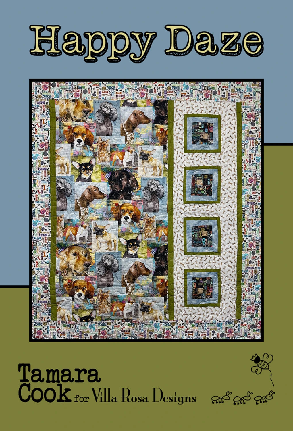 Quilt with dog collage pattern on a blue and green background, featuring 'Happy Daze' by Tamara Cook for Villa Rosa Designs.
