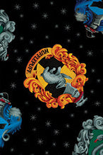 Collage of Harry Potter-themed designs including house crests, characters, and magical items.