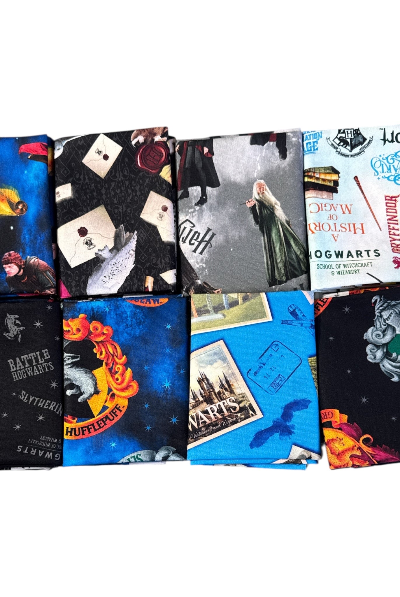 Collection of themed fabric swatches with various designs on a white background