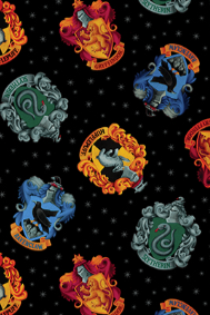 Pattern of Hogwarts house crests on a black background Harry Potter Hogwarts Crests Black Benartex Fabric Carmon's Quilt Shop