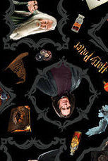 Collage of Harry Potter-themed designs including house crests, characters, and magical items. Harry Potter Magic Black Wide Backing Fabric Carmons Quilt Shop