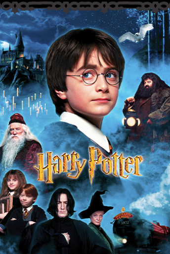 Collage of characters from Harry Potter with a blue background Harry Potter Multi Panel. Benartex Fabric 36" x 44" Carmon's Quilt Shop