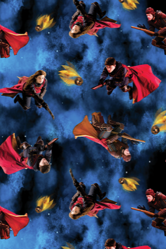 Multiple instances of a character in a red cape flying against a blue background with yellow birds. Harry Potter Playing Quidditch Blue Benartex Fabric Carmon's Quilt Shop