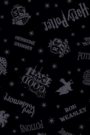 Pattern of Harry Potter-themed text and symbols on a black background