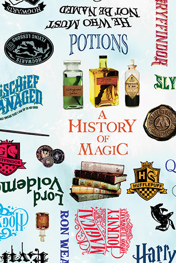 Collage of Harry Potter-themed items including potions, books, and house symbols on a light blue background.