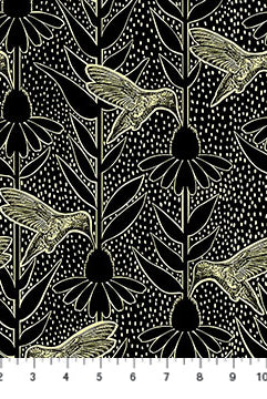 Fabric with gold hummingbird and floral pattern on black background