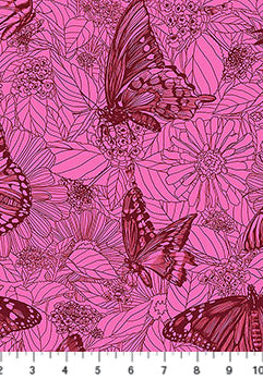 Butterfly and floral pattern on pink fabric with a ruler at the bottom.