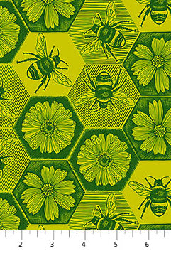 Fabric with bees and flowers pattern on a yellow background