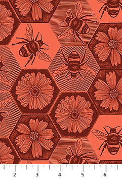 Fabric with bees and flowers pattern on a red background