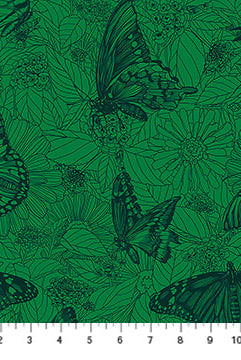 Butterfly pattern on a green background with a fabric swatch at the bottom.