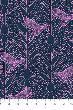 Pattern of hummingbirds and flowers on a dark blue background