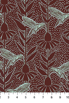 Fabric with gold hummingbird and floral pattern on black background