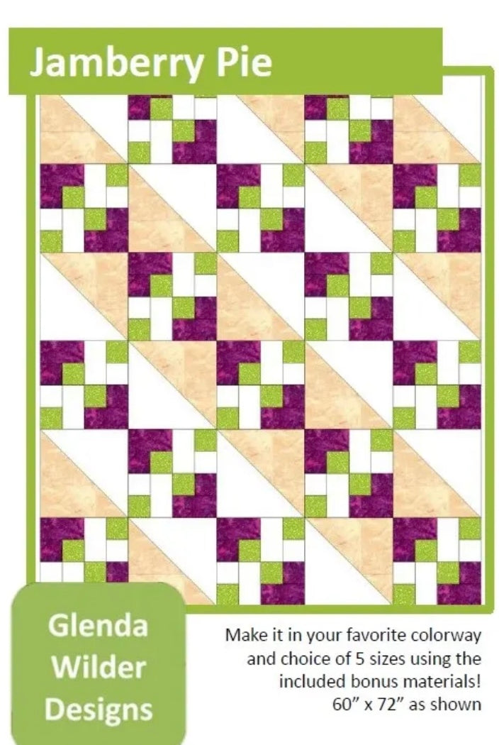 Quilt pattern design with purple, green, and beige triangles on a white background, featuring Glenda Wilder Designs branding. Jamberry Pie Modern Quilt Pattern - 60" X 72" - Designed By Glenda Wilder - Carmon's Quilt Shop