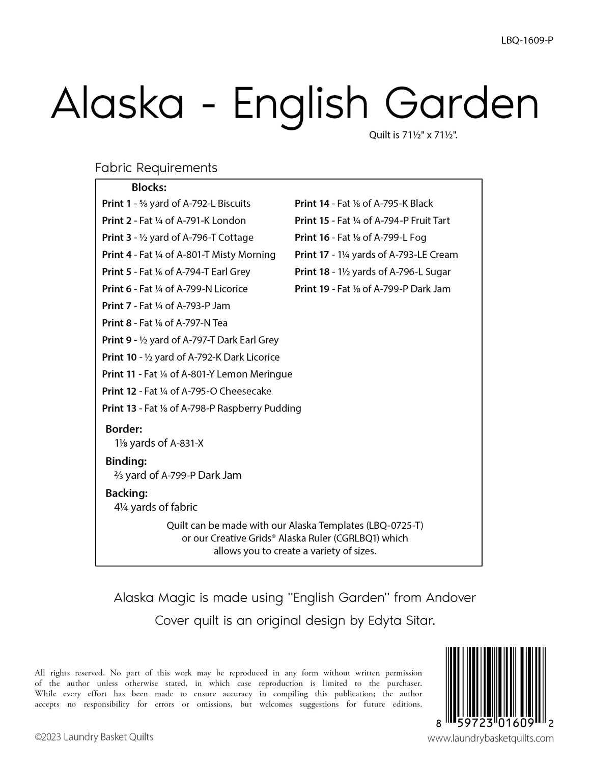 Fabric requirements label for 'Alaska - English Garden' quilt with text and barcode.
