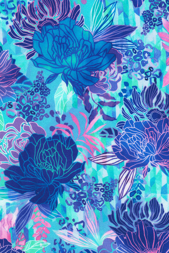 Colorful floral pattern with blue, purple, and pink flowers on a multicolor background
