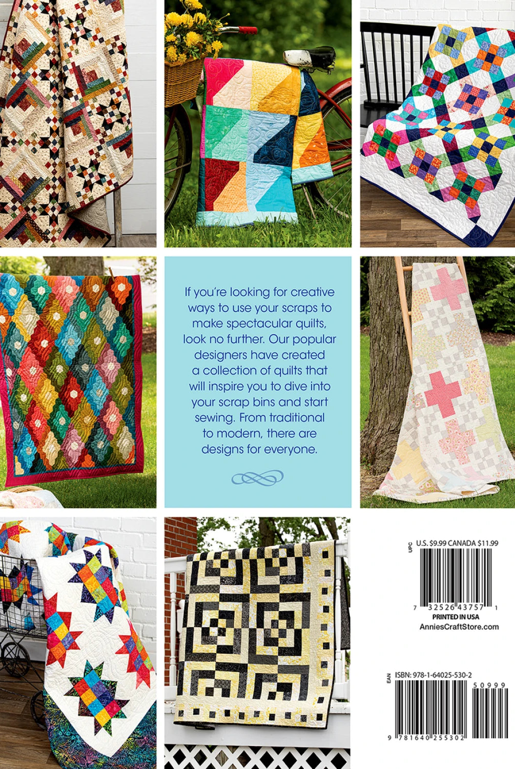Collection of colorful quilts with a book cover in the center.