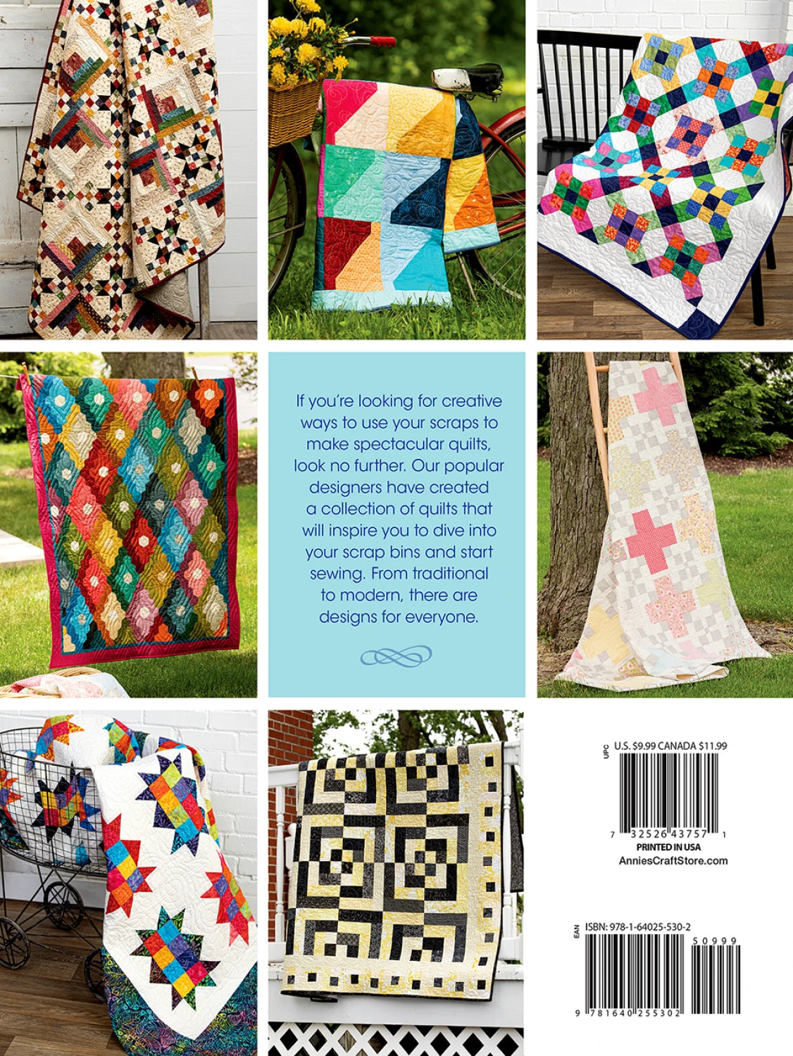 Collection of colorful quilts with a book cover in the center.