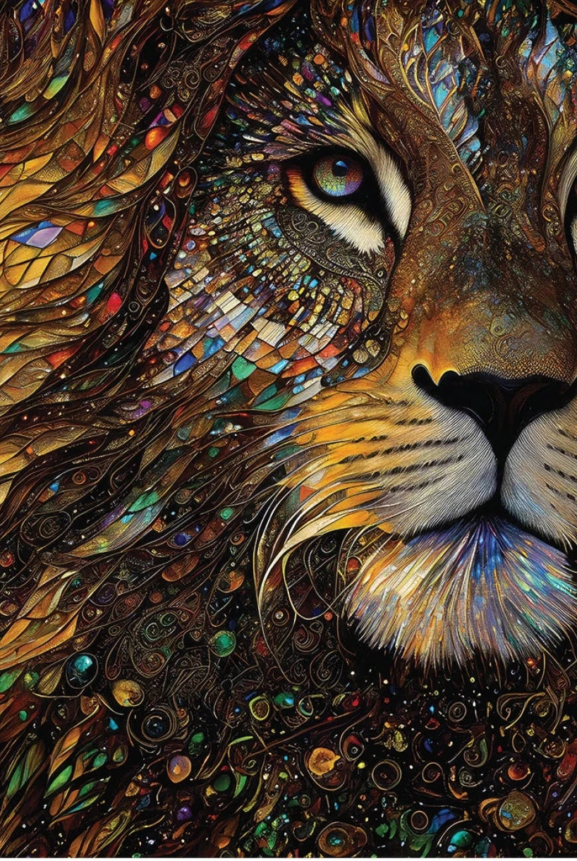 Colorful mosaic art of a lion's face with intricate patterns.