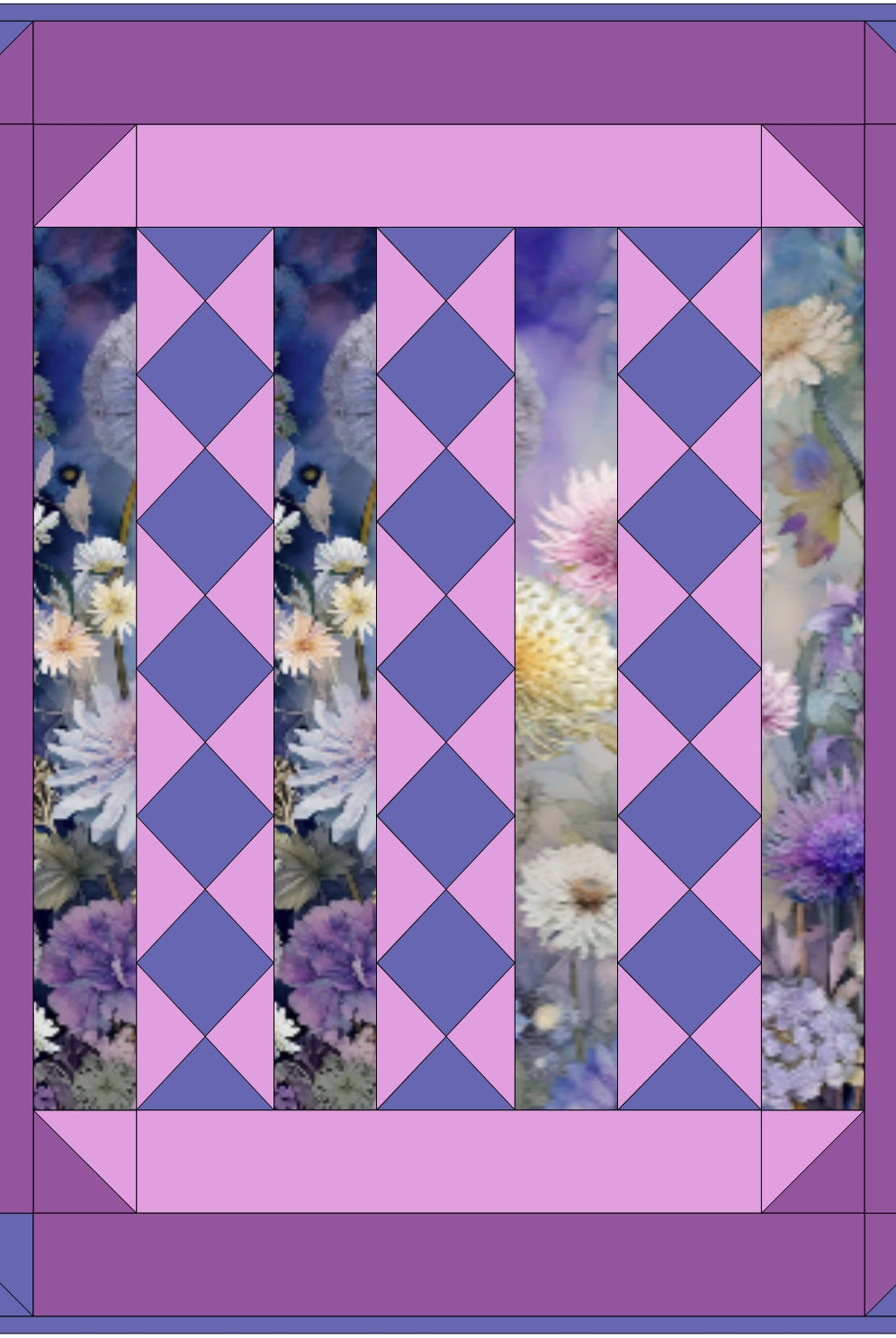 Quilt with purple and blue diamond pattern surrounded by floral background