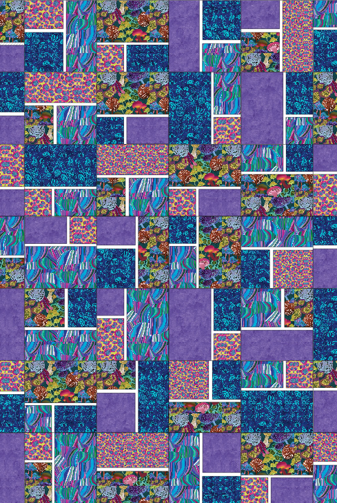 Patterned fabric with a mix of blue, purple, and multicolor squares. Modern Mushrooms Quilt Kit -Benartex Finished Size 57" x 66.5" Carmon's Quilt Shop