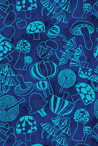 Pattern of blue and green mushrooms on a blue background