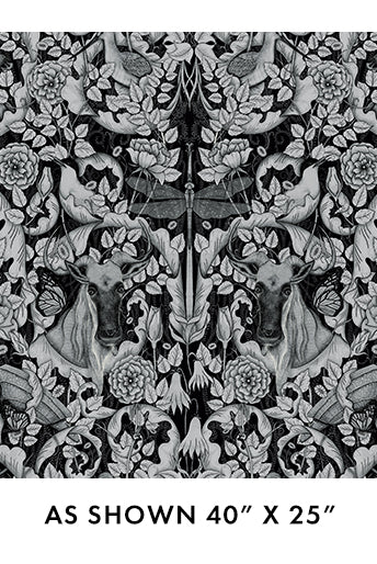 Black and white patterned rug with animals and flowers, size 40" x 25". Mythic Forrest Black Wide Backing Fabric Black 108"- Benartex 17198W-12 - Carmon's Quilt Shop (Copy)