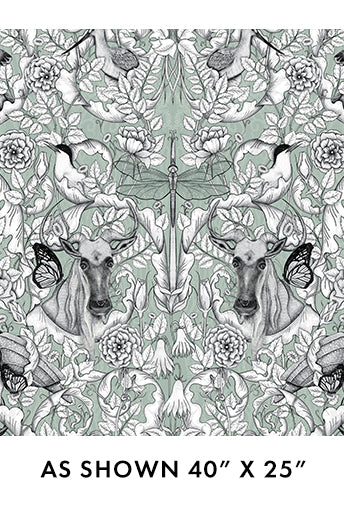 Patterned fabric with animals and flowers on a green background, size 40" x 25". Mythic Multi Wide Backing Fabric Sage 108" Benartex Carmon's Quilt Shop