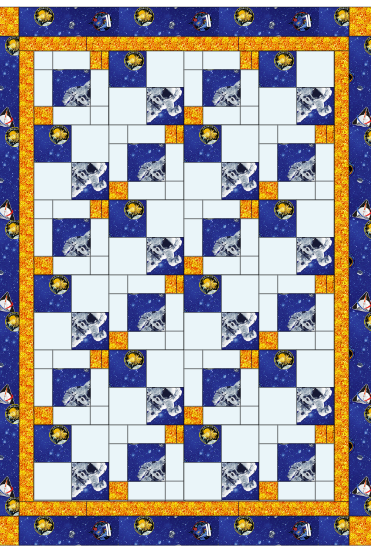 Quilt with star and moon pattern on a blue background