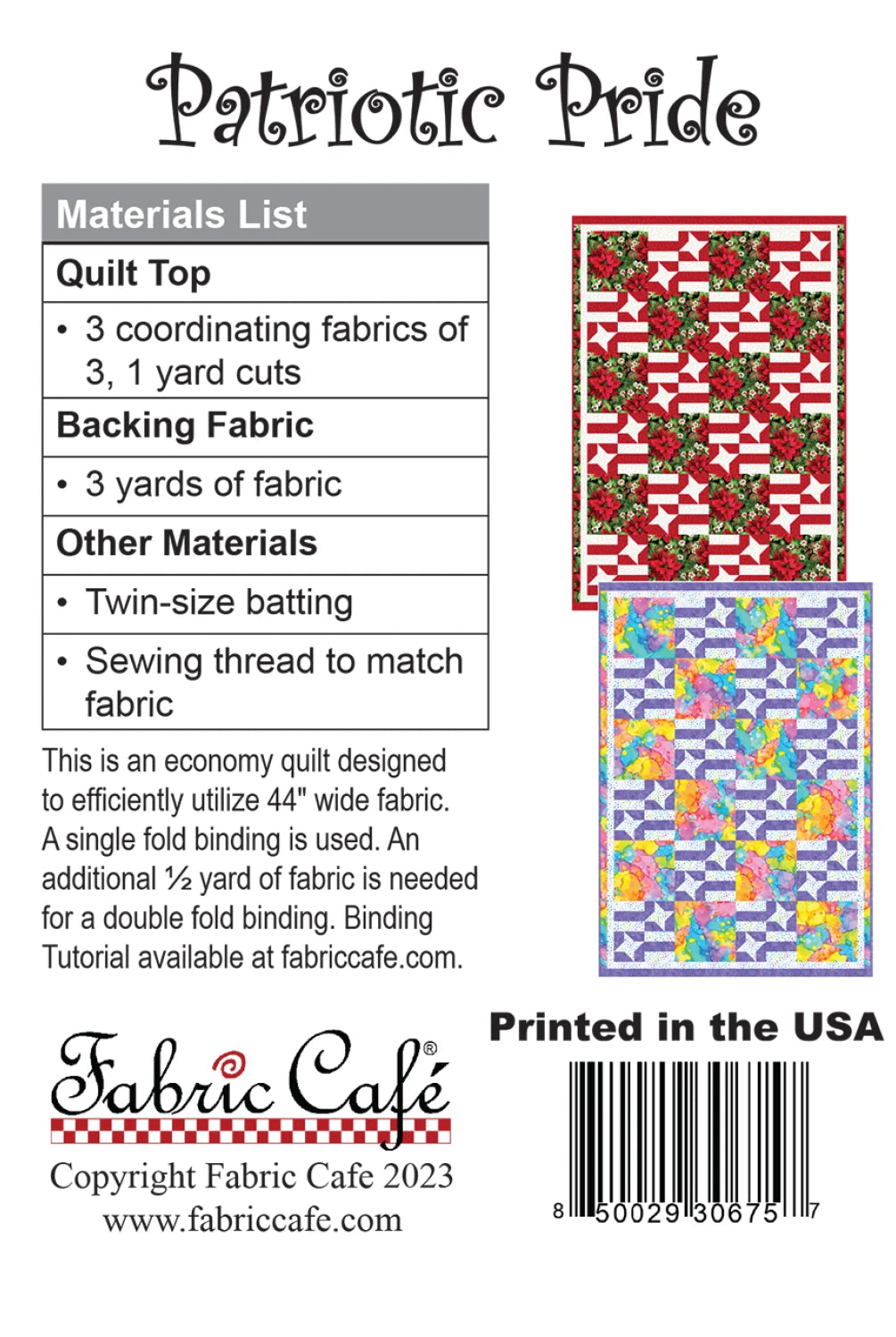 Fabric Cafe patriotic pride quilt pattern with materials list and fabric Patriotic Pride Individual Quilt Pattern # FC092321-01 - Fabric Cafe' 3 Yard Quilt Pattern Carmon's Quilt Shop