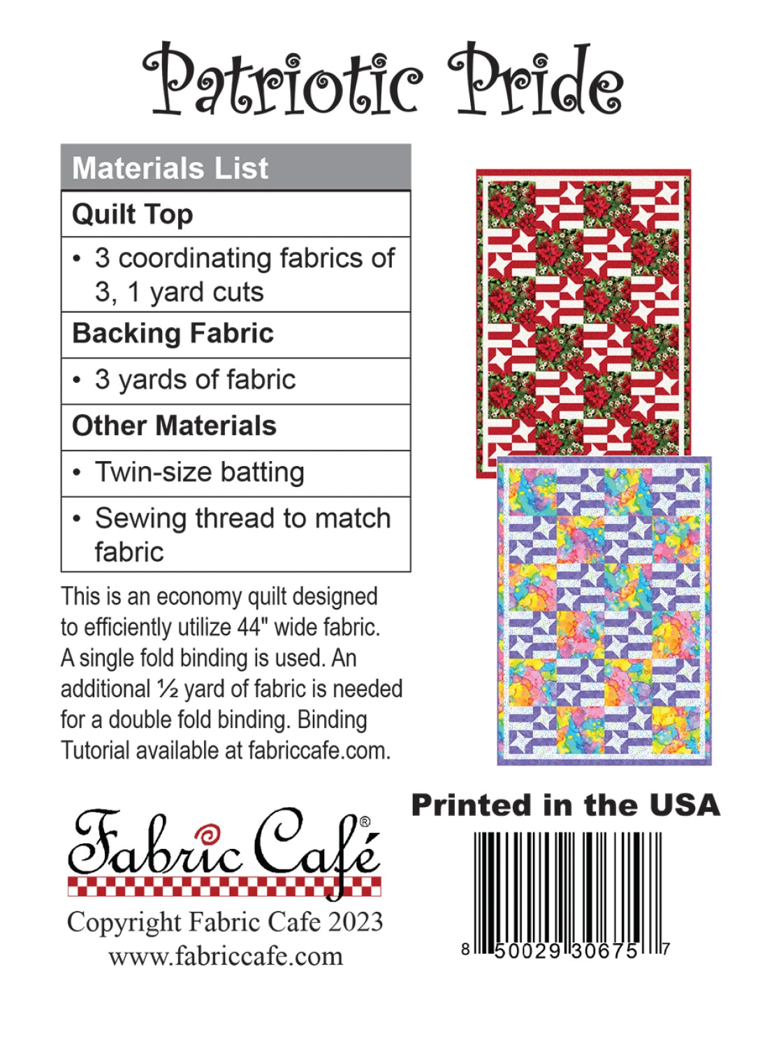 Fabric Cafe patriotic pride quilt pattern with materials list and fabric Patriotic Pride Individual Quilt Pattern # FC092321-01 - Fabric Cafe' 3 Yard Quilt Pattern Carmon's Quilt Shop