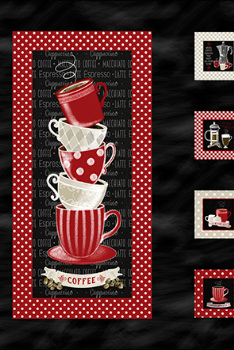 Decorative panel with stacked coffee cups on a red polka dot background, surrounded by smaller framed images.