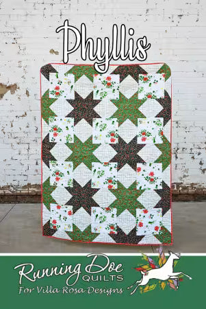 Quilt with star patterns displayed against a white brick wall, featuring Villa Rosa Designs branding. Quilt pattern Carmon's Quilt Shop
